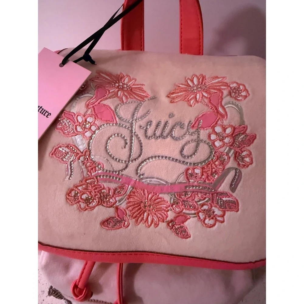 Juicy Couture Juicy In Bloom Pink Velour Floral Embroidered Mini Backpack NWT